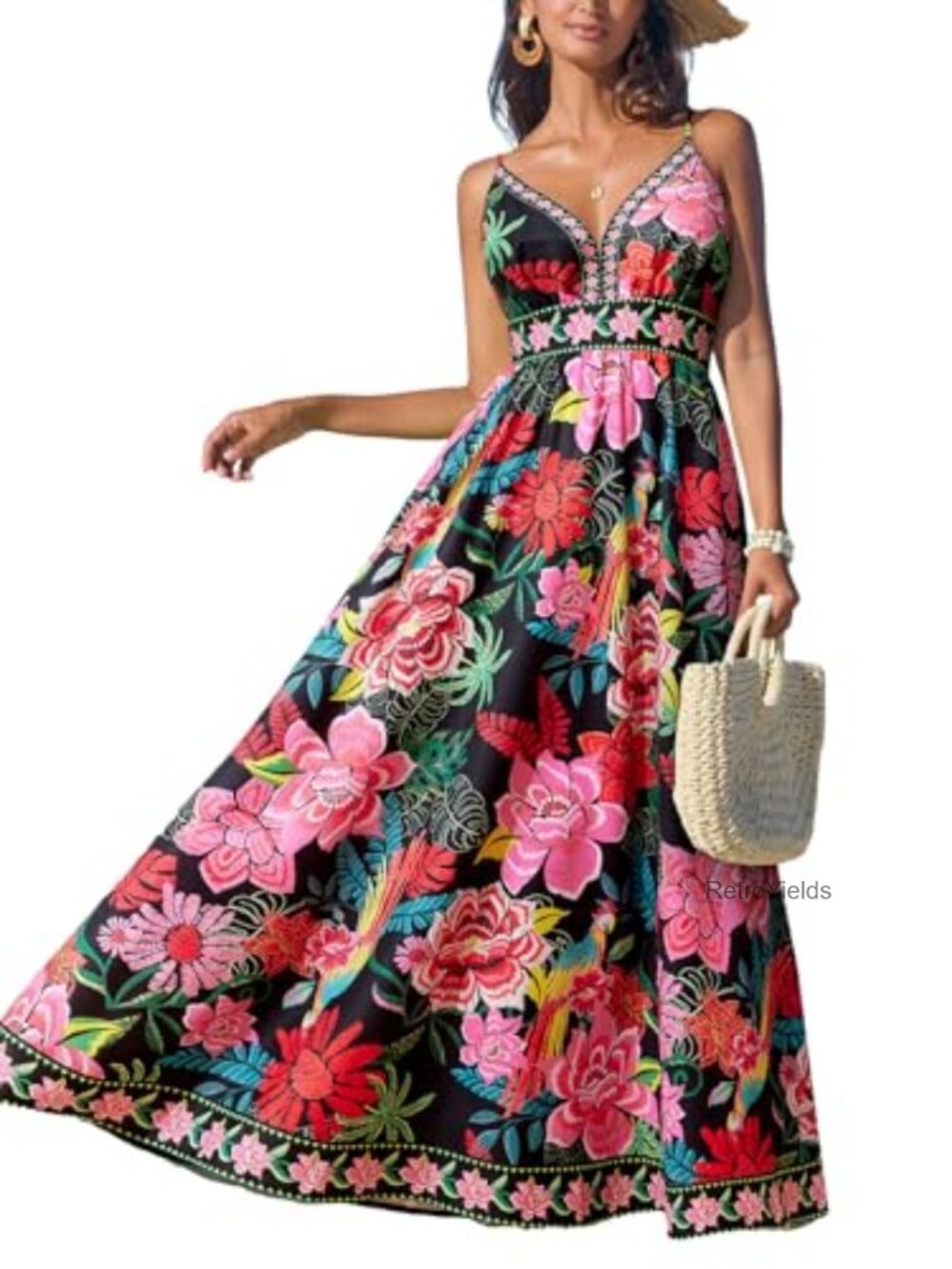 Women's Floral Maxi Dress V Neck Flowy Summer Sundress